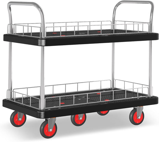 Utility Service Cart 2 Shelf - 880lbs Capacity Heavy-Duty Plastic Rolling Utility Carts with 5 of 360° Swivel Wheels and Handle, Large Service Cart for Groceries, Warehouse,Garage 43.5''x25.6''