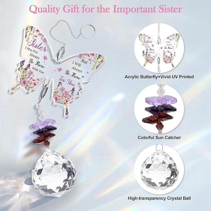 Sister Gifts, Valentines Day Gifts for Sister, Gifts for Sister Crystal Suncatcher, Mother's Day Birthday for Sister, to My Sister Gifts Hanging Butterfly Crystal Suncatcher Ornament