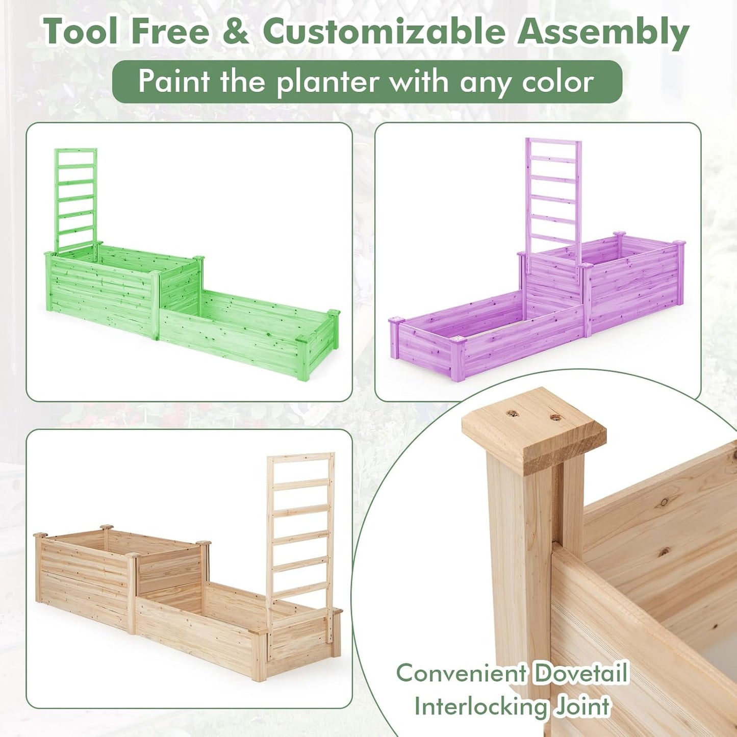 HAPPYGRILL Raised Garden Bed with Trellis, Wood Garden Box w/Open Base Design & 2 Compartments, Outdoor Wooden Planter Box Kit for Vine Climbing, Fruits, Vegetables, Flowers, Herbs, 88" x 25" x 53"