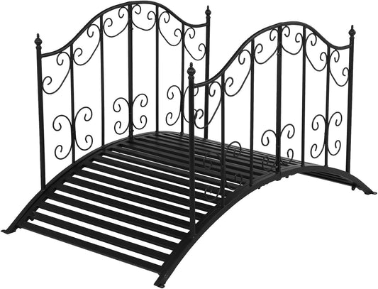 VINGLI Garden Bridge Metal Yard Arch Path Bridge with Patterned Guardrails, Ourdoor Decorative Black Iron Foot Bridge for Pond and Backyard Landscaping-4FT