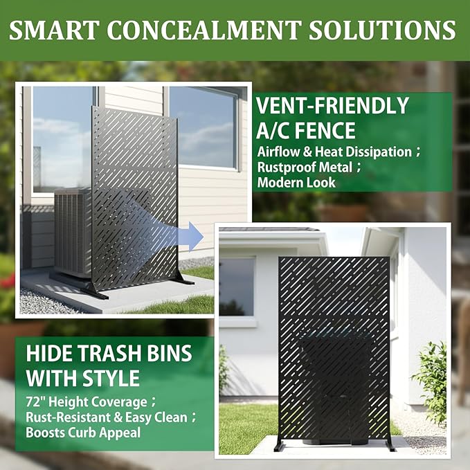 Metal Privacy Screen Outdoor 72x44in (6FT) – Rustproof Steel Decorative Fence Panel, Weatherproof Garden Divider for Patio, Backyard & Balcony, Metal Panels for AC Unit or Trash Bin Enclosure