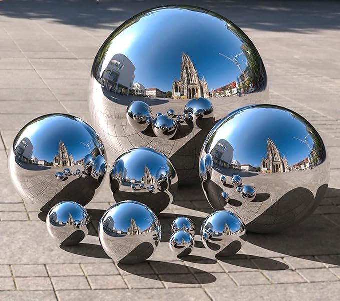 Nerien Gazing Ball, Stainless Steel Garden Mirror Globe, Polished Ornament Sphere, Hollow Floating Reflective Hemisphere, for Home Outdoor Pond Housewarming Swimming Pool Decoration, Silver, 5Pcs Mix