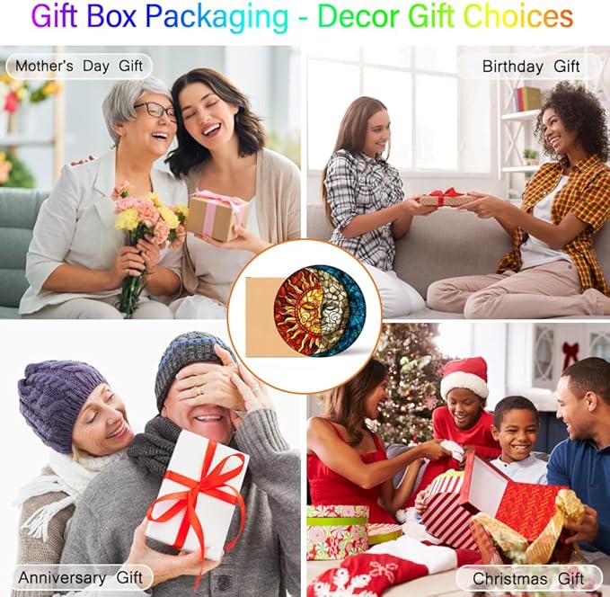 Sun and Moon Suncatcher Stained Glass Window Hanging - Handmade Stain Glass Suncatchers with Chain - Sun Catchers Indoor Window Glass Panel for Home Decor Garden Thanksgiving Valentines Day Gifts