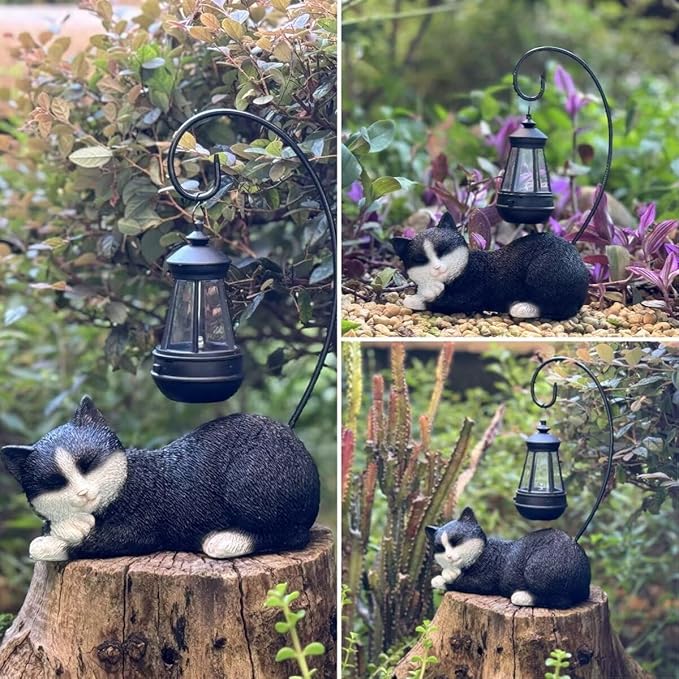 Solar Garden Outdoor Cat Statues Cute Resin Cat Figurine with Solar Lantern, 13 Inch Tall Outdoor Garden Cat Statue Decor for Pathway Yard Lawn Patio & Porch, Gift for Mom and Grandma