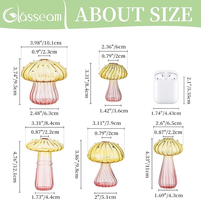 Glasseam Mushroom Plant Propagation Stations: Colored Glass Terrarium Jar Set of 5 Cute Planters for Indoor Plants Mini Propagate Station Unique Christmas Birthday Gifts for Women Home Office Decor