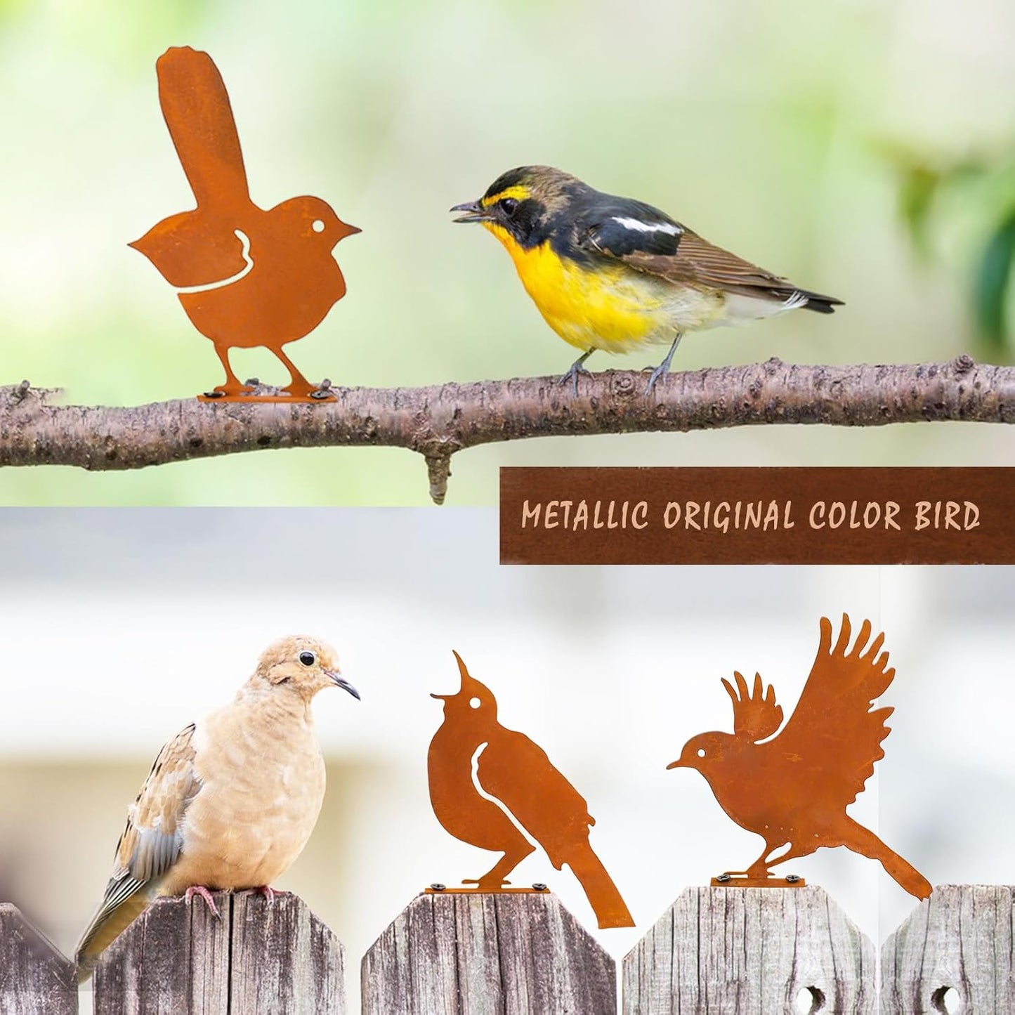 Nbippiooiwip Five-Piece Rustic Outdoor Bird Garden Sculpture Set, Metal Wall Art Bird Ornaments Ideal for Garden Stakes, Fields, Parks, Hotels, and Bird Enthusiasts Rustic Style