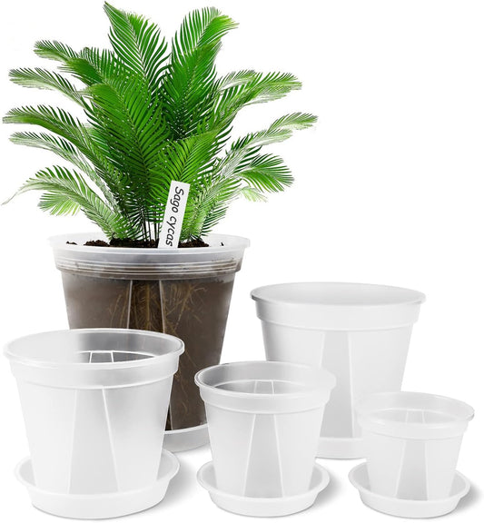 GREENPARA Transparent Plastic Garden Pots Planter with Saucer 4/5 /6/7 /8 inch Plant Pot Nursery Pots Drainage Hole for House Plants, Herb, Flowers, and Cactus with 10pcs Plant Labels, 5-Set