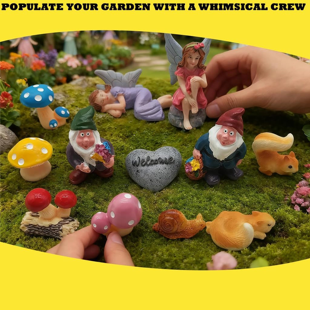 Fairy Garden Accessories Kit, 13PCS Little Fairies, Gnomes, Squirrels, Mushrooms Hand-Painted Resin Miniature Figurines Set for Outdoor/Indoor Fairy Garden, Plant Pot, Terrarium Decor