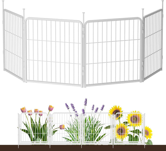 Doorless Garden Fence 24 in(H) x 7.4 ft(L) 4 Panels, Heavy Duty Metal Animal Barrier Fence, No Dig Fence for Dogs, Rabbit Fence for Garden, White
