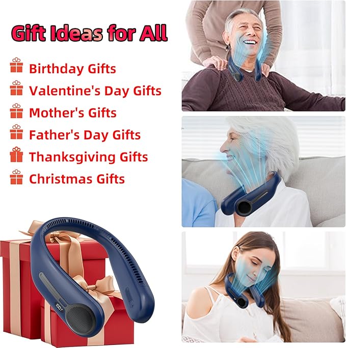 Portable Neck Fan,Hands Free Personal Wearable Bladeless Fan,6000mAh USB Rechargeable,360° Cooling,LED Display,4-Speeds,Birthday Gifts for Men Women Dad Mom,Stocking Stuffers Christmas Gifts (Blue)