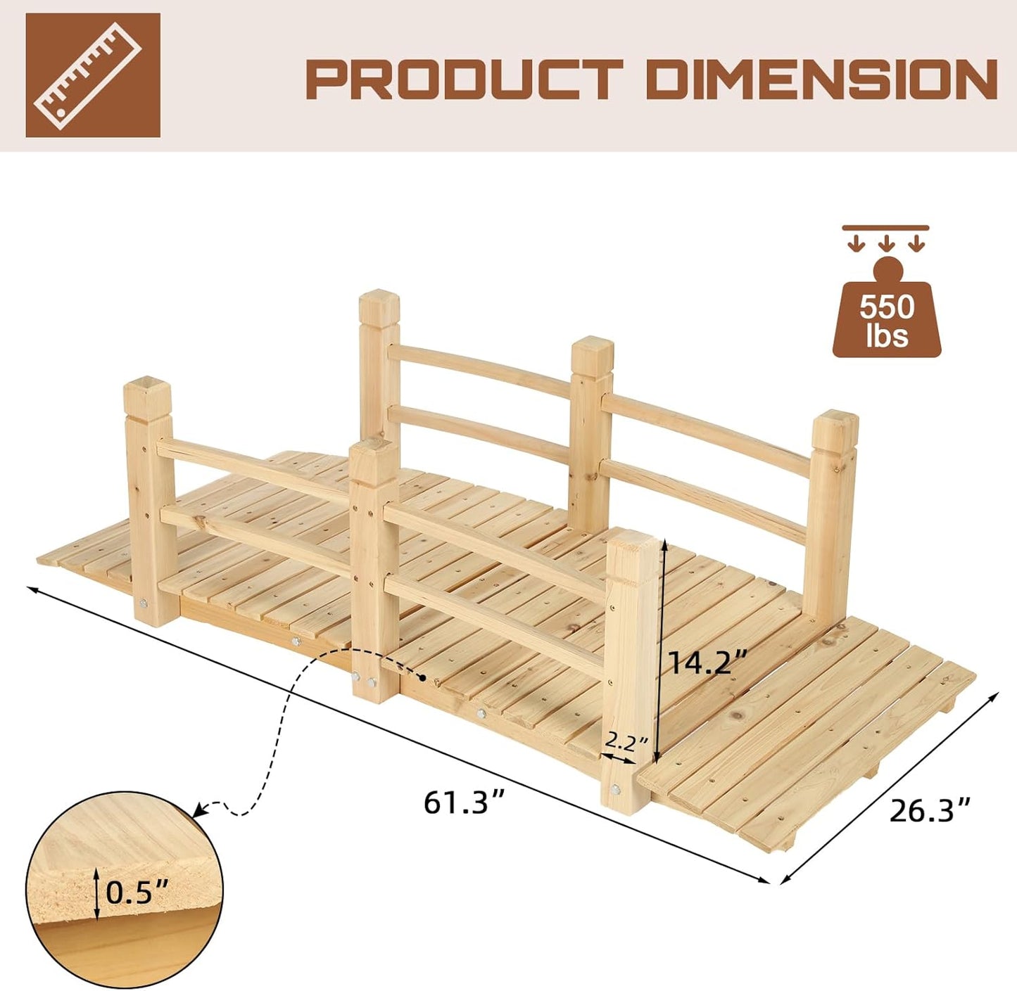 HOMEDIARY Fir Wood Garden Bridge, Outdoor Arc Footbridge Walkway with Double Safety Railings, Decorative Pond Bridge Landscaping w/550lbs Capacity for Backyard Garden Creek Pond Decor, Natural