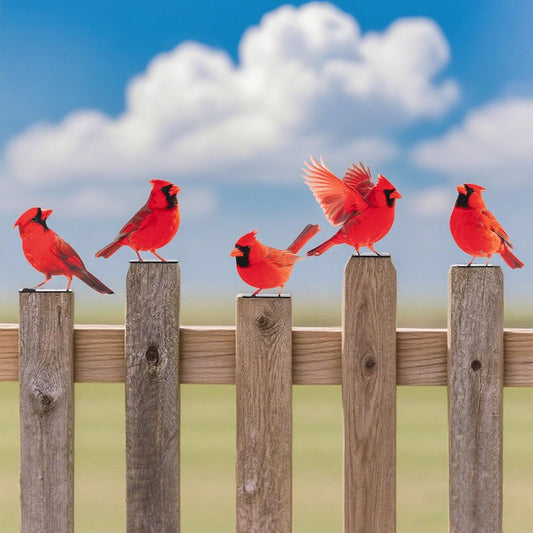 HUYIENO 5PCS Vivid Metal Birds Fence Decor Color Painted Outdoor Garden Natural Bird 2D Sculptures for Outdoor Fences, Patio, Garden and Bird Lovers (Cardinal)