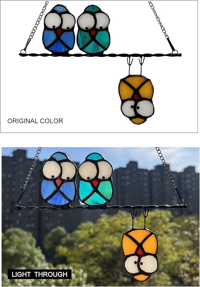 Multicolor Owl on a Wire Stained Glass Window Hanging, Bird Suncatcher for Windows Panels Hangings Hummingbird Ornament Decoration for Wall Home Garden Decor Bird Owl Gift for Owl Lovers