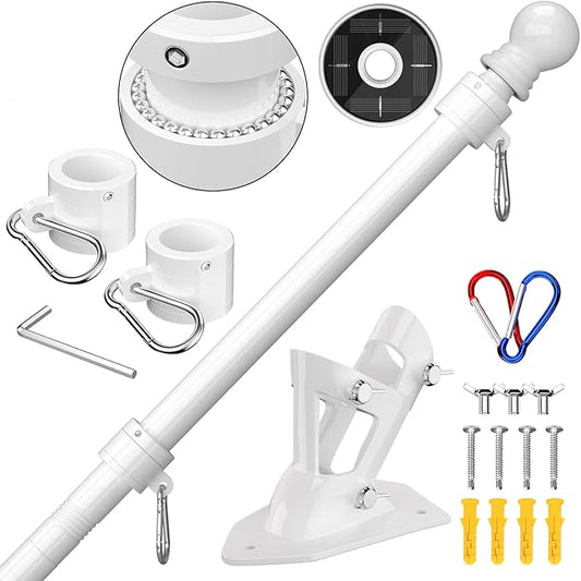 ZMTECH Flag Pole with Solar Light - Adjustable Bracket, 6 FT Stainless Steel Flag Poles for Outside House, Garden or Yard, Tangle Free Flagpole Kit for American Flag (Without Flag, White)