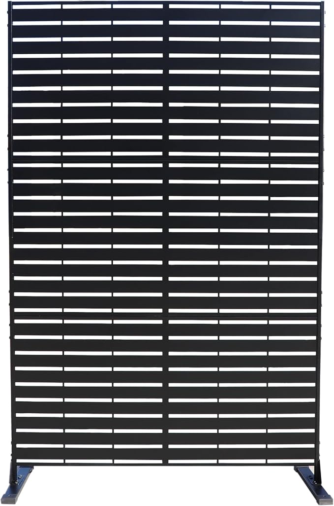 Kozyard Metal Privacy Screen 74" H x 47.2" W Decorative Outdoor Divider with Stand Panels Freestanding Screen Set for Deck Patio Balcony Garden Outdoor&Indoor(Black/Horizontal Slat)
