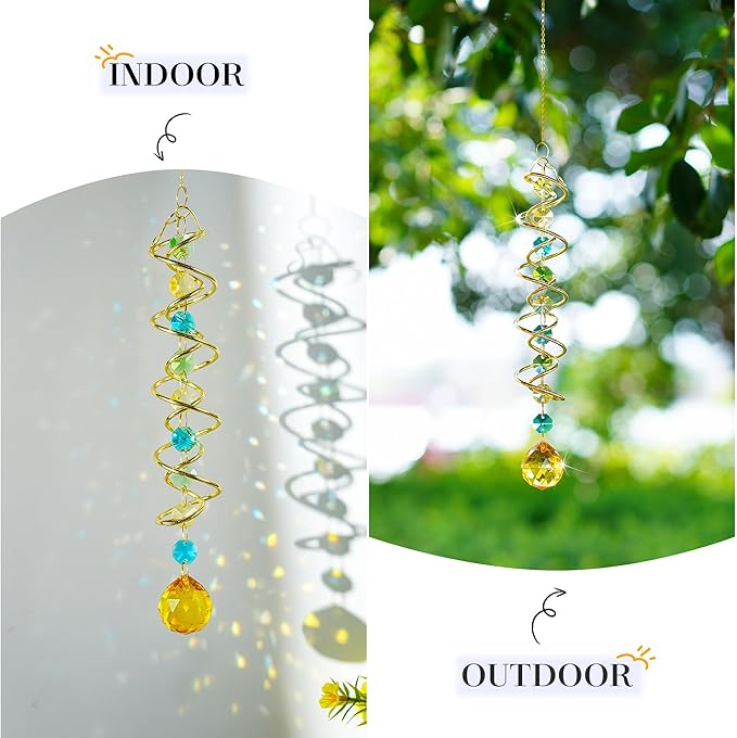 H&D HYALINE & DORA Glass Gazing Ball Spiral Tail Decorative Sun Catcher,17.7in Rainbow Maker Double-Spiral W/Yellow Crystal Ball Prism Sun Catcher for Indoor Outdoor Garden Decoration