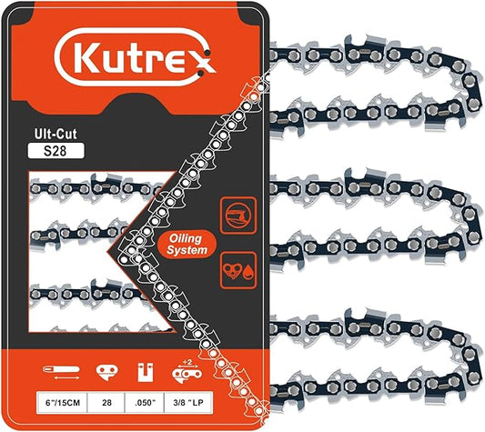 6 Inch Chainsaw Chain Cordless Portable Mini Chainsaw Replacement Chain for Ryobi Milwaukee Craftsman and more, 3/8" LP Pitch, 050" Gauge, 28 Drive Links (3 Chains)