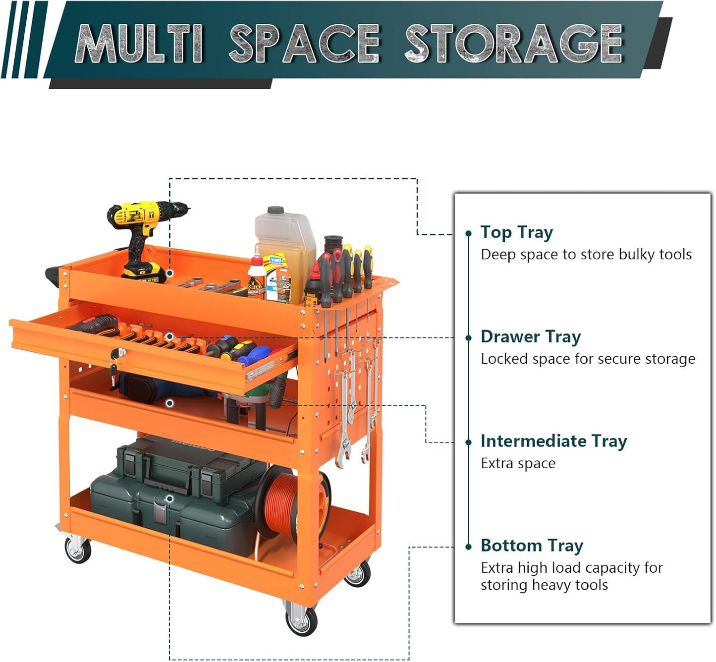 3 Tier Rolling Tool Cart on Wheels with Locking Drawer - Metal Service Cart Industrial Utility Cart for Mechanic - 350 LBS Mobile Storage Organizer for Garage, (Orange)