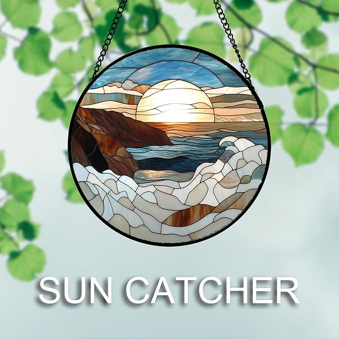 Stained Glass Window Hanging 4 Pcs Set Ocean Waves 9.8" - Blue and White Sea Suncatcher Door Garden Sun Catcher Decor Birthday Christmas for Mom Woman Nana Men