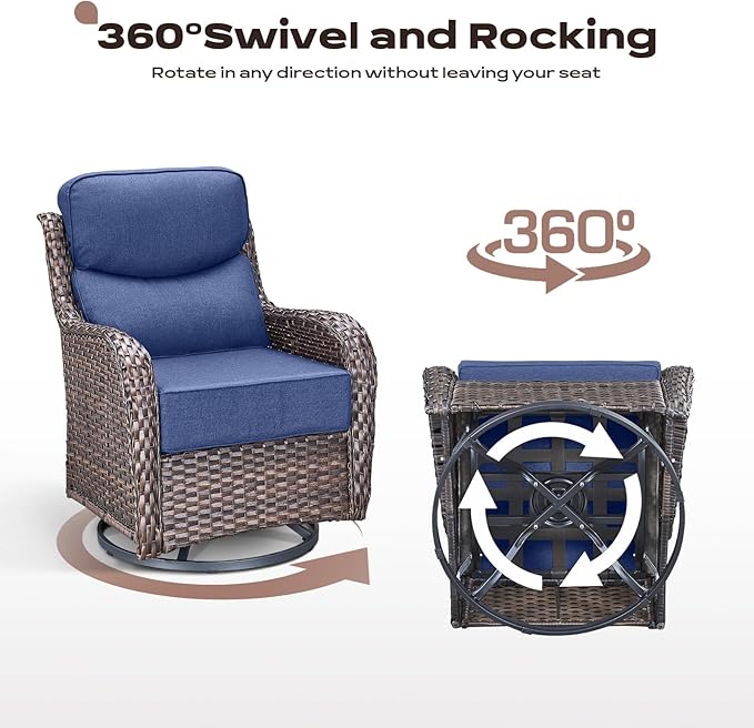 Rilyson Outdoor Patio Swivel Rocker Chairs Set of 2, Waterproof Wicker, High Back, Deep Seating, Wide Armrest, Upgraded 6 inch Thick Cushions, Side Table, Ideal for Deck Porch Yard, Brown/Blue