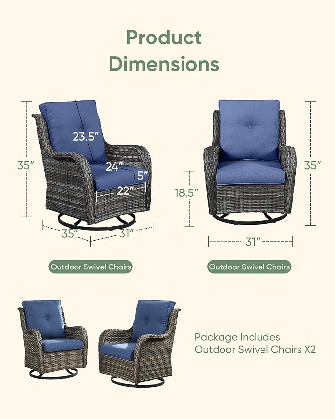 HUMMUH Outdoor Swivel Rocker Wicker Patio Chairs Set of 2, Rattan Rocking Chair Furniture Set (Grey,Blue)
