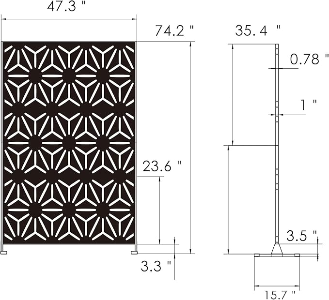 Kozyard Metal Privacy Screen 74" H x 47.2" W Decorative Outdoor Divider with Stand Panels Freestanding Screen Set for Deck Patio Balcony Garden Outdoor&Indoor(Black/Hexagonal Star)