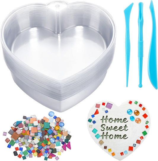24 Pcs Stepping Stone Kit Includes Concrete Mold, Mosaic Tiles and Carving Tools, DIY Craft Handmade Stepping Stone Kit for Kids, Family, Garden Outdoor Decor, No Concrete Mix(Heart,10 Inch)