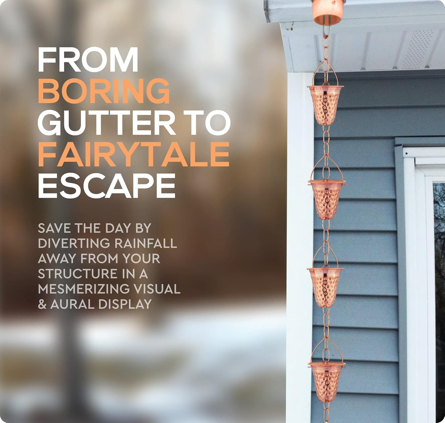 Copper Hammered Rain Chain – Decorative Chimes & Cups Replace Gutter Downspout & Divert Water Away from Home for Stunning Fountain Display – 8.5’ Long for Universal Fit – Bell Style