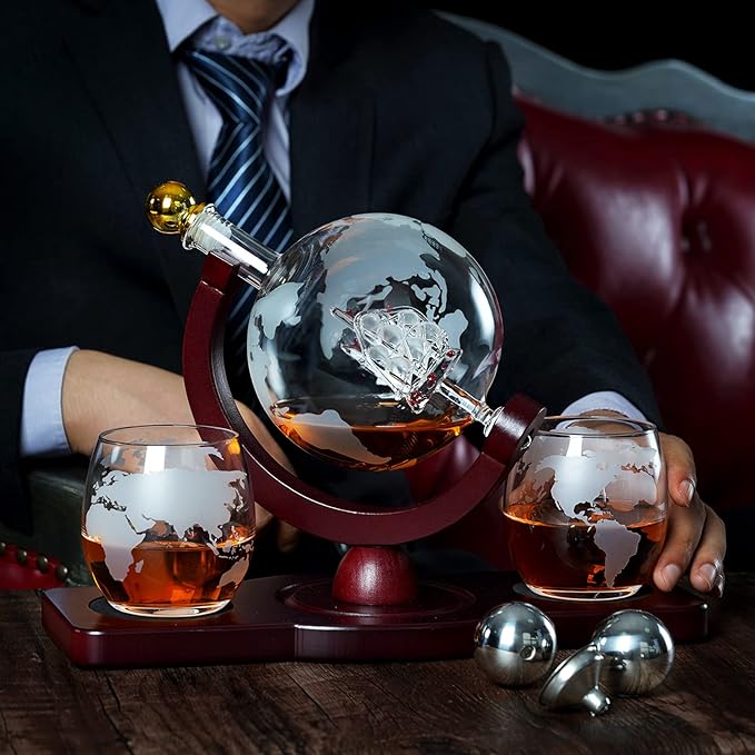 Gifts for Men Dad Fathers Day, PONPUR Whiskey Decanter Globe Set with 2 Ball Stones & 2 Glasses, Anniversary Birthday Gifts for Him Husband Boyfriend Brother, Cool Stuff Gift for Bourbon Scotch