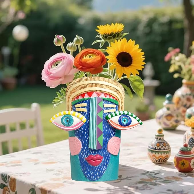 Picasso Abstract Face Planters Pots Unique Head Planter with Drainage Holes Handcrafted Resin Vases with Facial Expressions for Artistic Home Decor