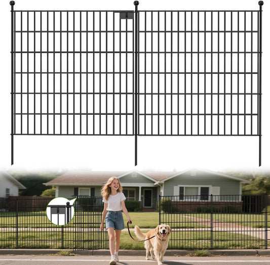 Land Guard 20 Panels No Dig Decorative Garden Fence with Gate for Yard, 30 in(H) x 50 ft(L) Removable Dog Fence Outdoor for Yard, Rustproof Metal Animal Barrier Ground Stakes