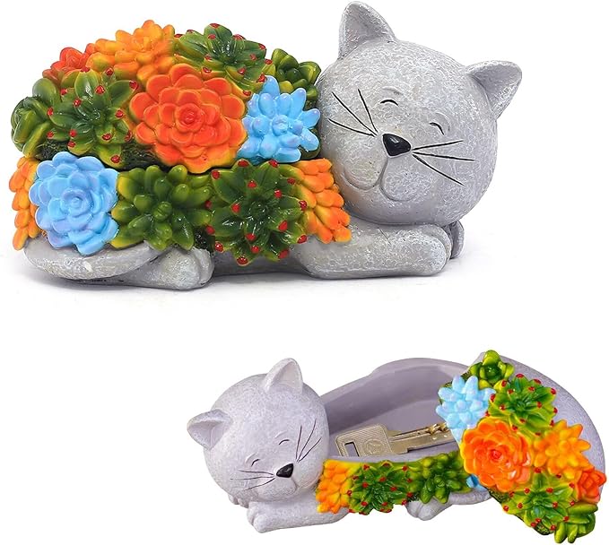 Outdoor Cat Key Hider Statue - Cute Succulent Cat Hide a Key Outdoor Decorative - Small Gift Box for Women, Home Decor & Cat Gifts (Cat)