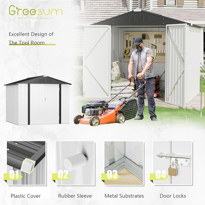 Greesum 8x6FT Outdoor Storage Shed, Utility Tool Shed Metal Storage Garden Shed with Door & Lock for Patio Storage, White