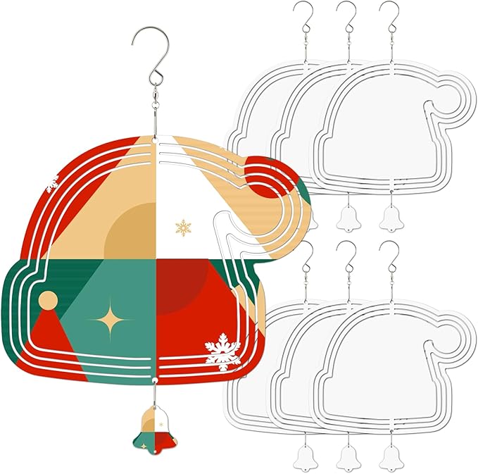 Sublimation Wind Spinner Blanks, 10 Inch 3D Aluminum Metal Hanging Wind Spinner Bulk for Garden Yard Outdoor, Window Porch Decoration for Heat Press Transfer DIY (23. Santa hat-6pcs)