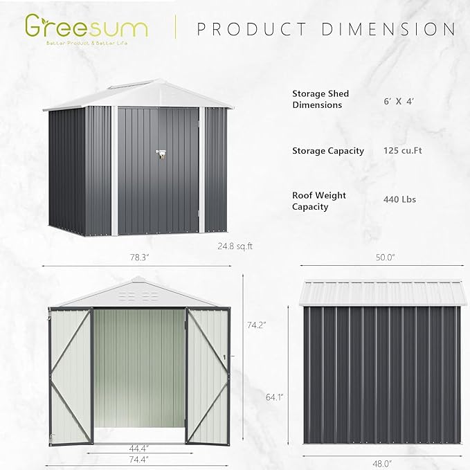 Greesum 6x4FT Outdoor Storage Shed, Utility Tool Shed Metal Storage Garden Shed with Door & Lock for Patio Storage, Gray