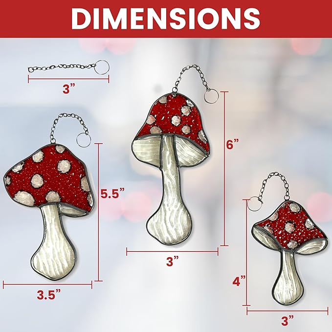 SENSORY4U Fly Agaric Hand-Painted Mushroom Stained Glass Suncatcher 3-Pack - Moon and Toadstool Window Hanging Ornaments - Nature-Inspired Home Décor for Plant and Mushroom Lovers