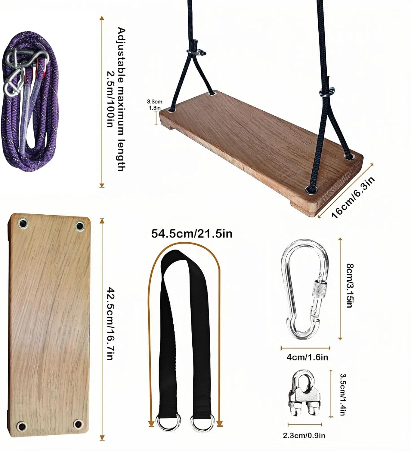 Teak Swing, 16.7"x6.3"x1.3", Adult Kids Tree Swing, 500 lbs Weight Capacity, Adjustable Professional Climbing Rope 110 Inch, Outdoor Wooden Swings, Indoor Swings.