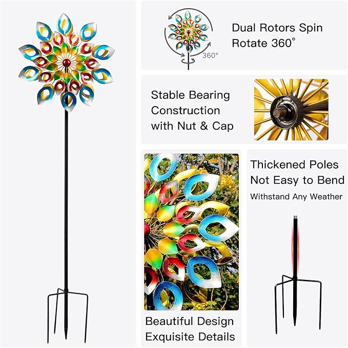 Yard Garden Wind Spinners with Stake - Large Outdoor Metal Wind Spinners, Lawn Yard Art Garden Decor (24" W x 84" H)