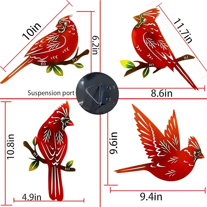 4 Pack Metal Cardinal Wall Art Decor Metal Birds 3D Outdoor Sculpture, Ornaments Hand-Made Nimble red Bird, Gifts for Mom,Birthday Gifts for Grandma Wife