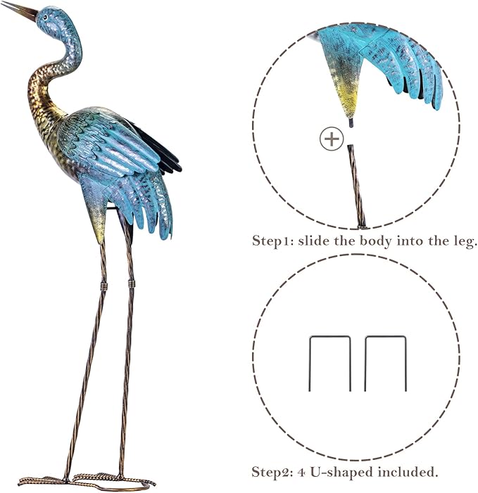 Natelf Garden Crane Statues Outdoor, Standing Blue Heron Decoy Sculptures, Metal Bird Yard Art for Lawn Patio Backyard Decoration(Set of 2)