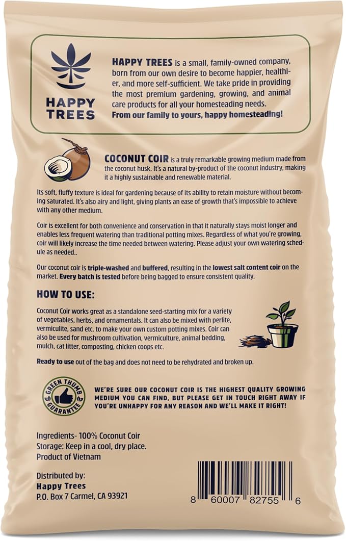Happy Trees Coco Coir Loose Coconut Fiber Growing Medium, Potting Mix, Seed-Starting, Premium Quality, Triple-Washed for Low Salt/EC, pH Balanced, Peat-Free, Organic, 9 Quarts (10L)