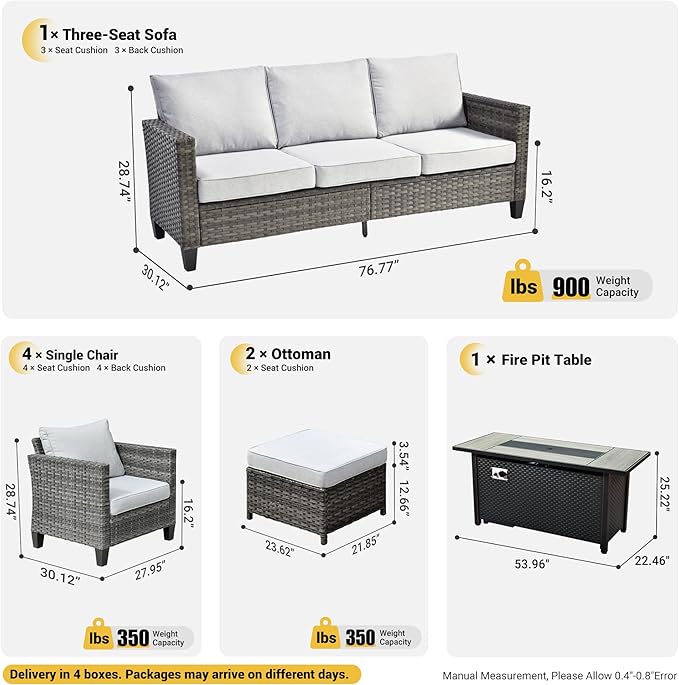 ovios 8 Pieces Patio Furniture Set with 54" Fire Pit Table, Outdoor Wicker Sofa with Comfy Cushions, All Weather High Back Rattan Couch Conversation Set, Grey