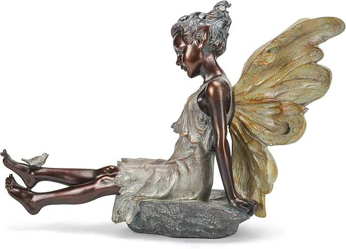 Fairy with Bird Bronze Tone 12.5 x 18 Inch Resin Stone Outdoor Garden Statue