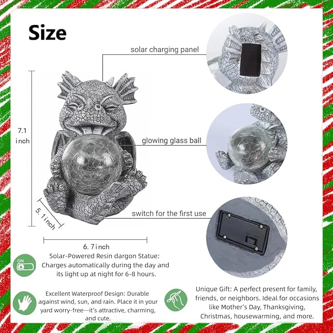 Solar Dragon Outdoor Statue Cute Baby Dragon Holding Glowing Glass Orb Resin Garden Decoration for Porch Patio Lawn Yard Perfect Housewarming Gift