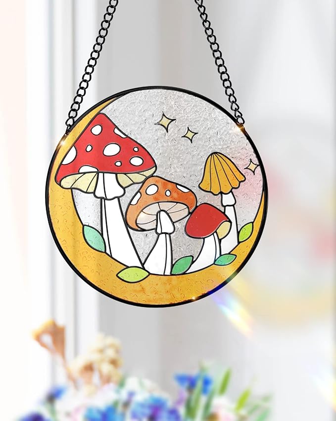 Tuitessine Mushroom Stained Glass Suncatcher Moon Toadstools Window Wall Hanging Ornament Hand-Painted Glass Panel Decor for Home Gift for Nature Plant Mushroom Lovers 6.3"*6.3"