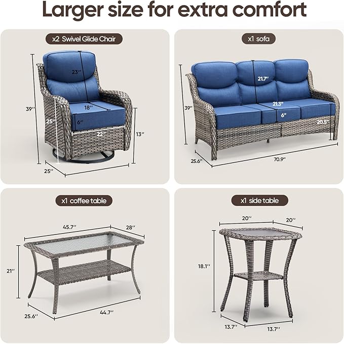 Swivel Patio Chairs sofa Set of 5 with 6" Thick Cushion - Wicker Outdoor Swivel Rocker Patio Chair ,Sofa/Glass coffee table, High Back Comfortable Outdoor Glider Chairs - Grey Wicker | Blue Cushions