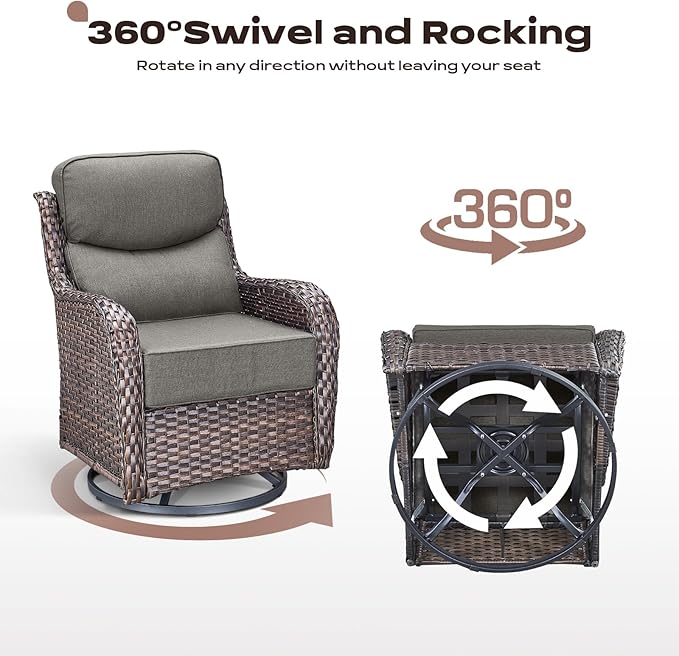 Rilyson Outdoor Patio Swivel Rocker Chairs Set of 2, Waterproof Wicker, High Back, Deep Seating, Wide Armrest, Upgraded 6 inch Thick Cushions, Ideal for Deck Porch Backyard, Brown/Grey