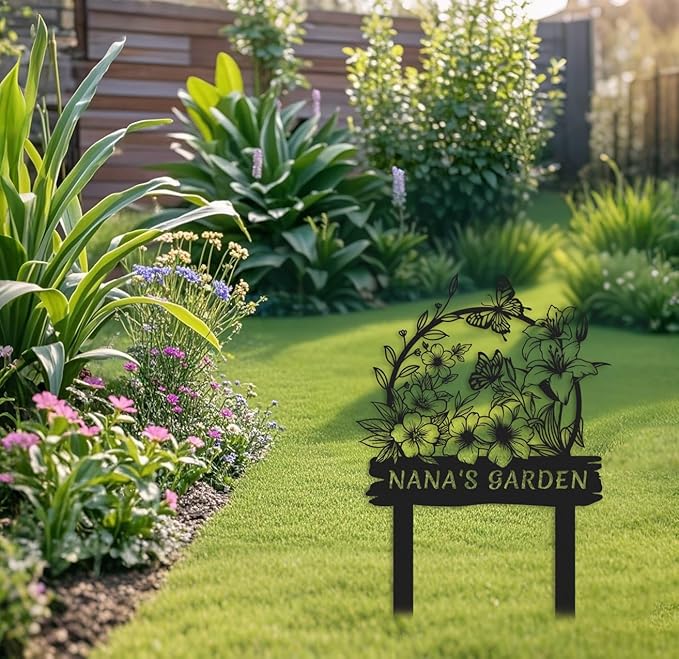 Personalized Metal Flower Garden Sign with Stake,Butterfly Garden Decor for Outdoor,Patio Yard Decor,Gifts for Gardeners style 7