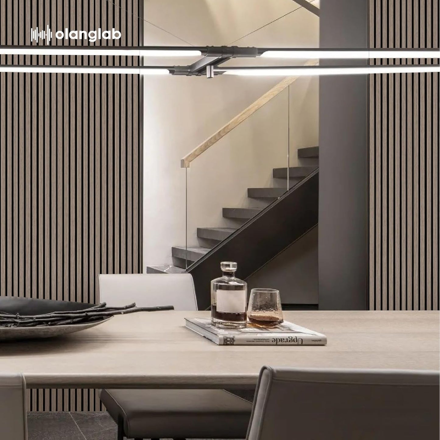 Olanglab Wood Slat Wall Panels, Wooden Acoustic Wall Panels, 94.5"x12.6" Each 3D Wall Panels for Interior Wall Decor, 2 Pack in Total 94.5"x25.2" (Dark Walnut)