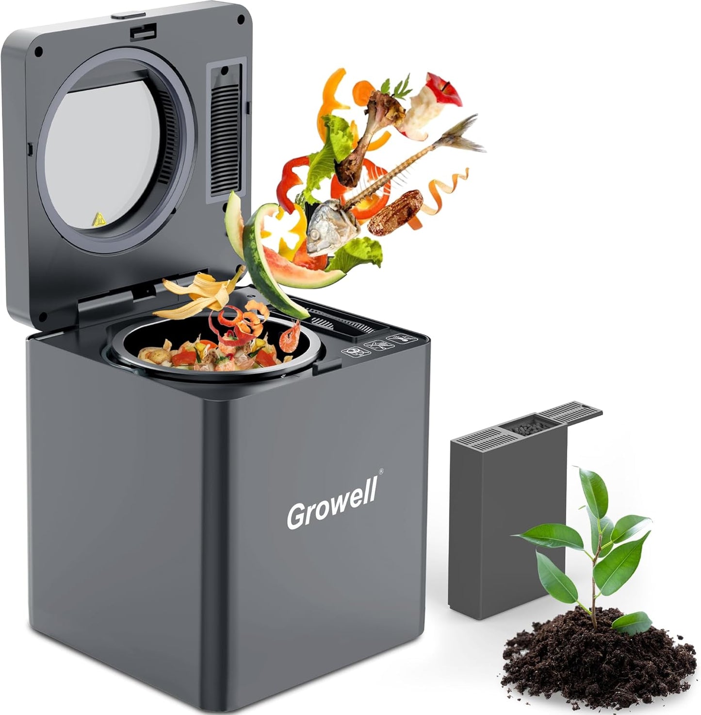 Growell Electric Composter for Kitchen Indoor, 2.5L Countertop Compost Bin, Odorless Food Waste Composting Machine with Auto-Clean & LED Display - 4H/6H Fast Processing (Model: EC02)